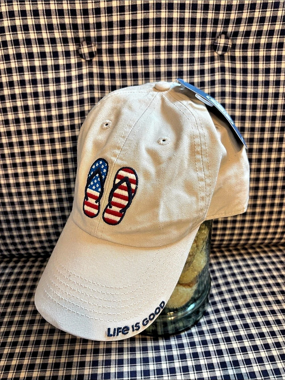 Life is Good Flip Flops Chill Cap, Embroidered, Cream & Blue